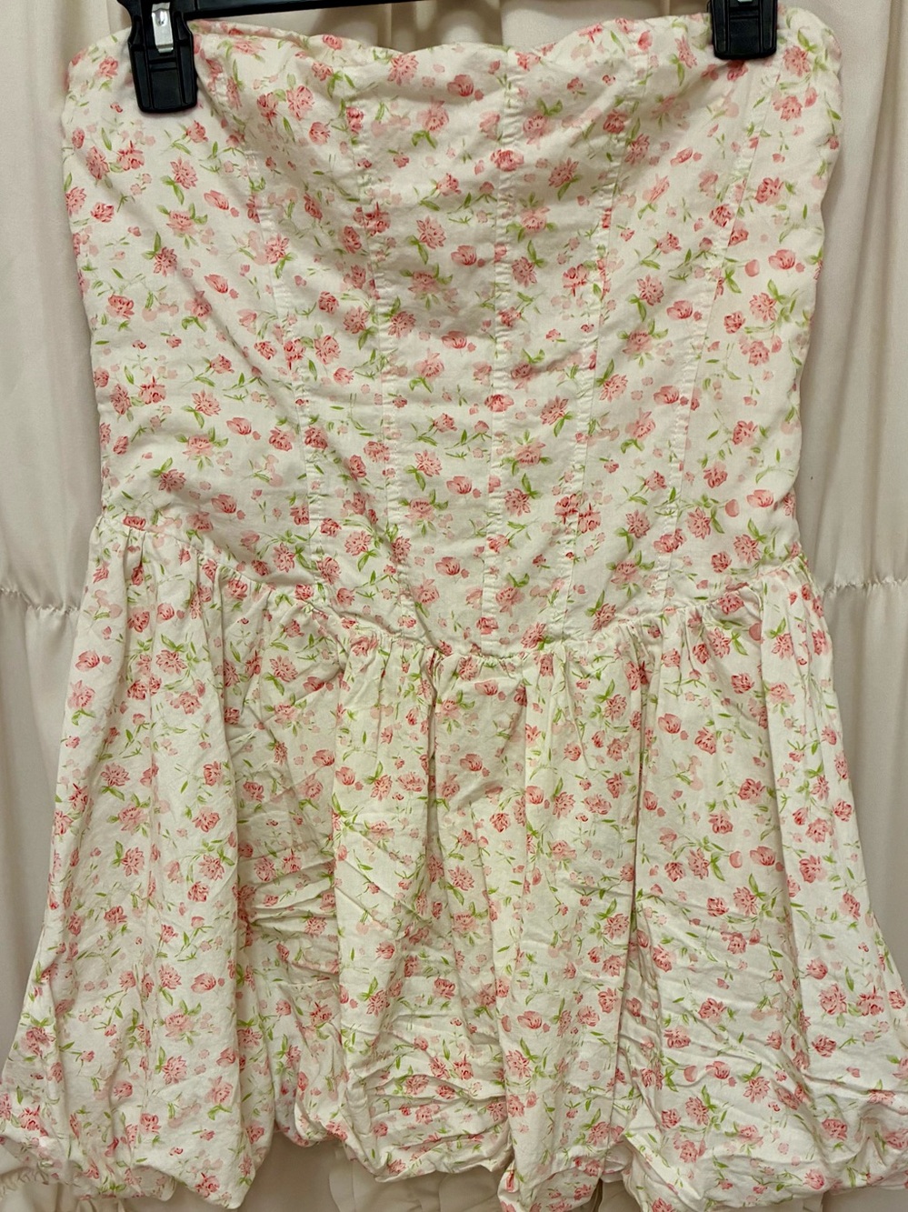 Strapless White Floral Bubble Sundress with Pink & Green Print🌼